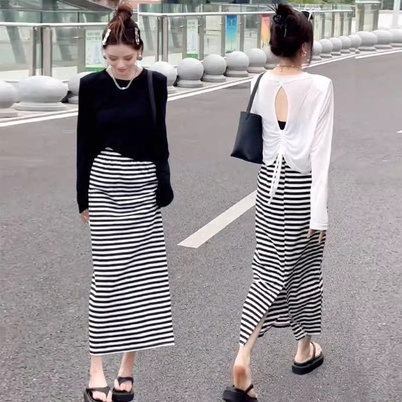 Base Layer Top - 春秋用長袖Tシャツ日焼け対策ルーズストライプベースレイヤートップス小柄さん向けおしゃれアンサンブルセット