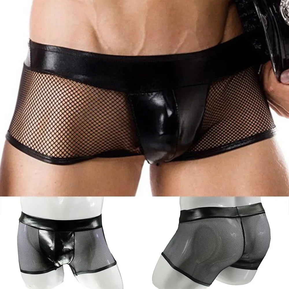 男性のセクシーな下着フェイクレザートランク網タイツブラックメ - Bamboo Fiber Trunk のレビューと価格