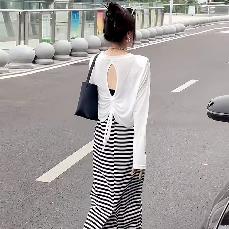 春秋用長袖Tシャツ日焼け対策ルーズストライプベースレイヤート - Base Layer Top のレビューと価格